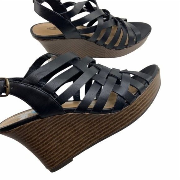 Seychelles Woven Vegan Leather Black Slingback Wedges - Picture 7 of 7